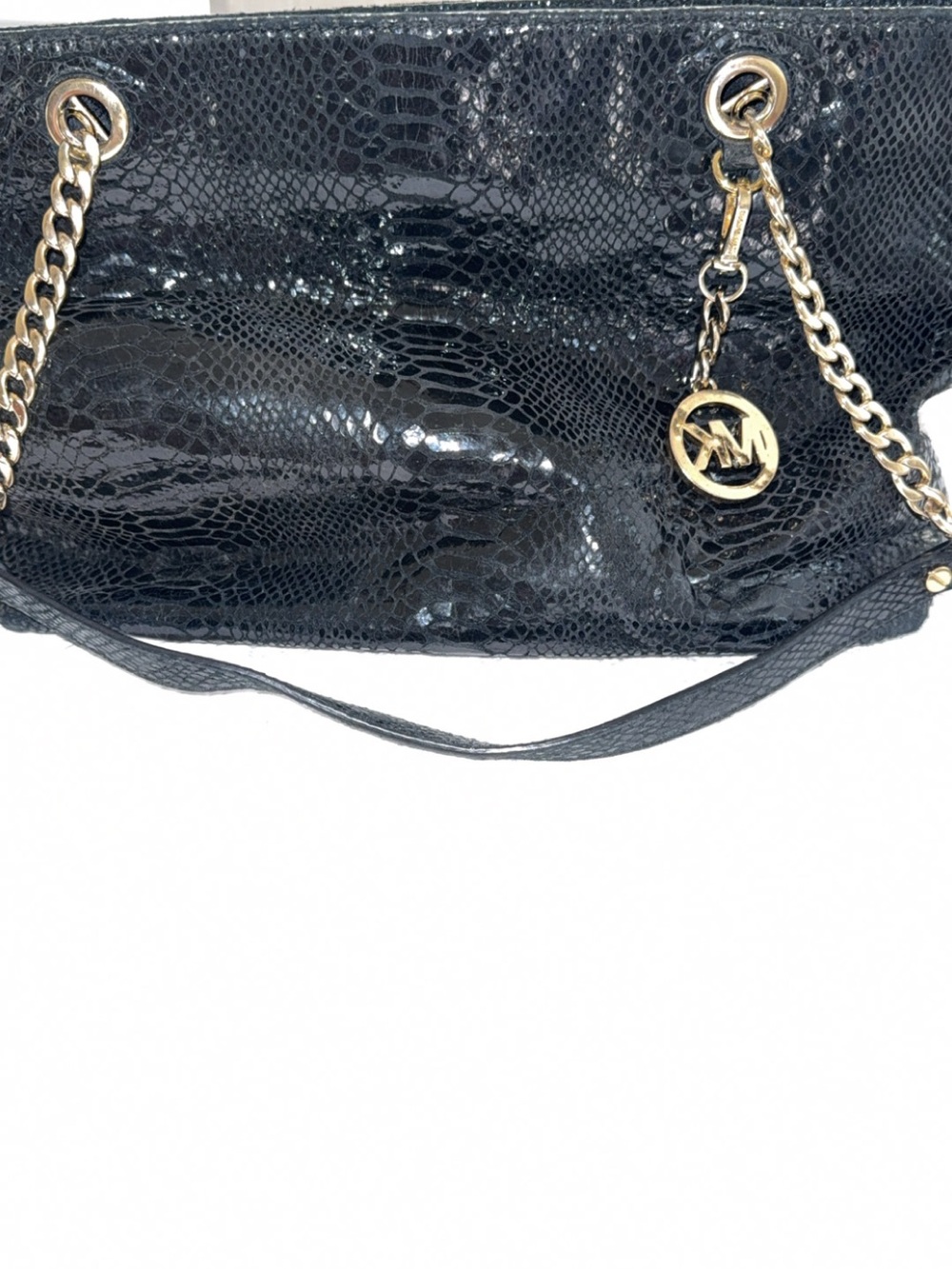 Michael Kors Black Patent Croc-Embossed Shoulder Tote with Gold Chain